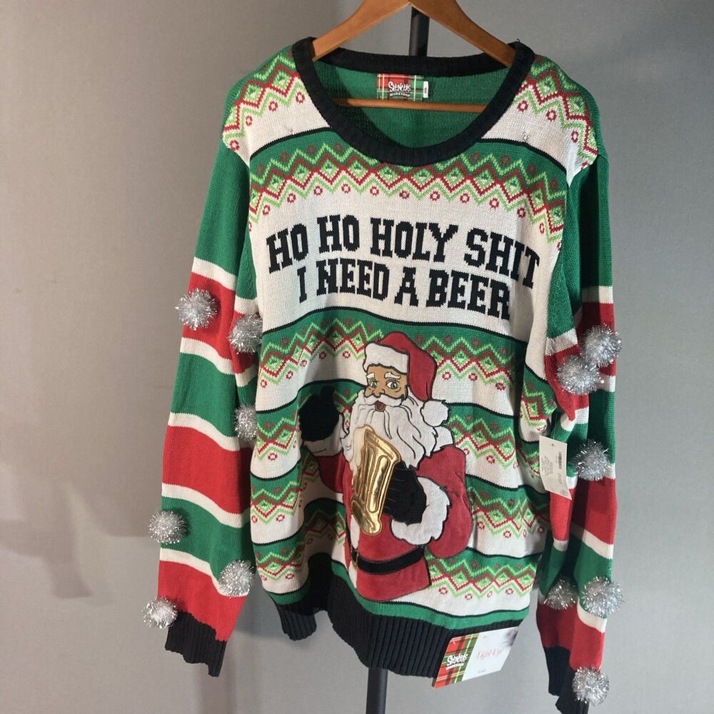 SPENCER'S WORKSHOP Holy Sh*t I Need A Beer light up ugly Christmas sweater XXL